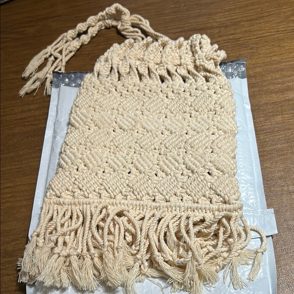 Cream Macrame Drawstring Bag